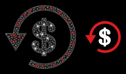 Fototapeta premium Glossy mesh vector dollar refund with glare effect. White mesh, glare spots on a black background with dollar refund icon. Mesh and glare elements are placed on different layers.