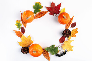Decorative autumn composition of leaves, berries and pumpkins on white background.