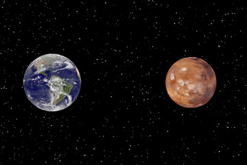 Mars and earth. Distance between them. Space for text. The elements of this image furnished by NASA.