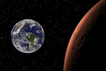Mars and earth. Distance between them. Space for text. The elements of this image furnished by NASA.