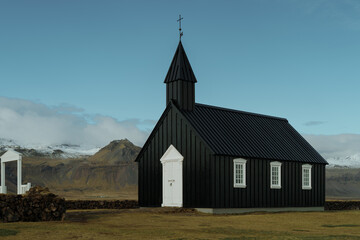 Fototapeta na wymiar Black church Budakirkja. West Iceland, Snaefellsnes (Snæfellsnes) peninsula