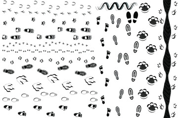 Footprints, steps, traces big set of isolated icons, black and white vector