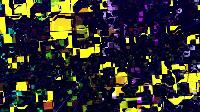 Motion graphic abstract colorful looped bg modern art, fly in art space, multilayer structure with pattern, glow particles and lines. Ornamental texture rainbow gradient color. Motion design vj loop.