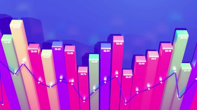 beautiful 3d looped background for analytical programs with abstract infographics, statistical data. Multicolor bars, counters and graph. 3d columns smoothly move up and down in loop. Financial bg