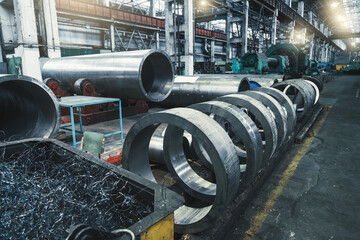 Steel pipes for processing in metal production workshop, metallurgical plant, heavy industry metalwork.