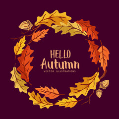 Cheerful autumn circle wreath made from golden and red coloured leaves. Vector illustration.