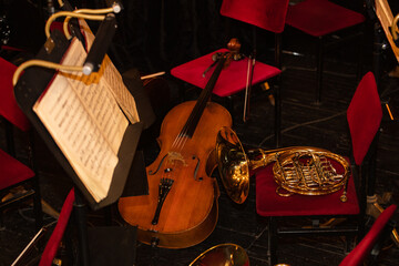 Cello and  French Horn on chair during interval