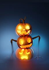 A stack of three halloween jack O lantern pumpkins glowing at night! 3D illustration