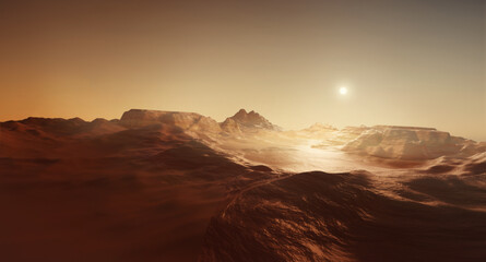 An epic landscape view of the marian landscape. Mars exploration 3D illustration.