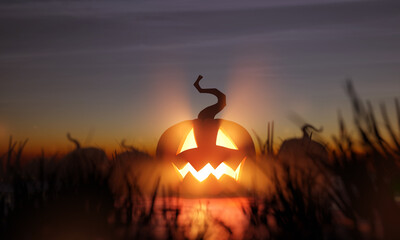 Fototapeta na wymiar A glowing halloween Jack O Lantern in a pumpkin patch field at night. 3D illustration.