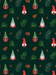 Pattern Little Gnomes Christmas tree branches, cones and acorns