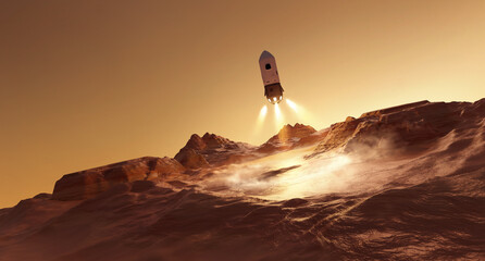 A rocket landing on the surface of mars carrying astronauts. Futuristic mission to Mars. 3D illustration - obrazy, fototapety, plakaty