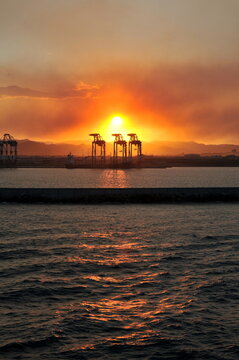 Cargo cranes in the sunset