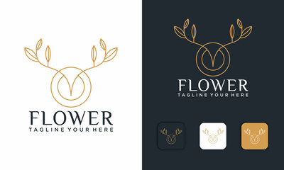 Luxury flower vector logotype. linear universal leaf floral logo and icon design template.on a dark black and white background.