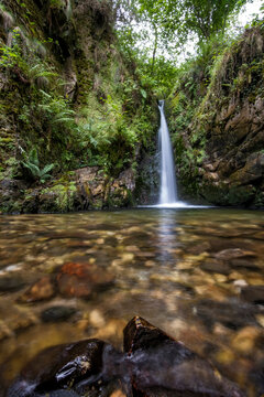 a small crystalline waterfall in a lush forest, long exposure with wet rocks in the foreground and silk effect, Chorron waterfall, Villamayor, Asturias, Spain, vertical