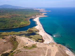 Aerial view of beach at the mouth of the Veleka River, Bulgaria