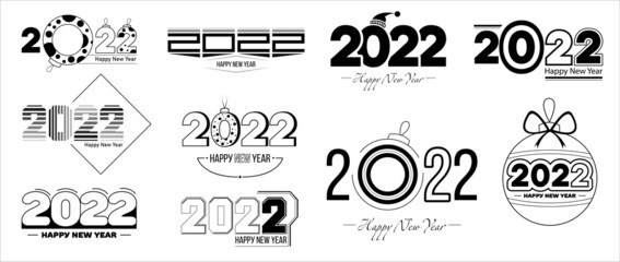 Set of 2022 happy new year signs. Collection of 2022 happy new year symbols. Vector illustration with black labels isolated on white background.