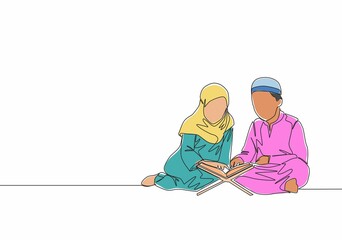 One continuous line drawing of muslim and muslimah kids reading and recite Quran. Islamic holy day Ramadan Kareem and Eid Mubarak greeting card concept single line draw design vector illustration