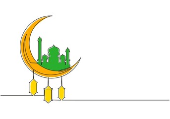 Ramadan Kareem greeting card, poster and banner design background. One continuous line drawing of islamic ornament masjid and lantern lamp hanging on moon. Single line draw vector illustration