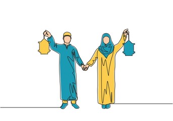 Eid Mubarak poster, banner and greeting card design Single continuous line drawing of young Islamic muslim muslimah couple holding hands and lantern lamp. Eid Al Fitr one line draw vector illustration