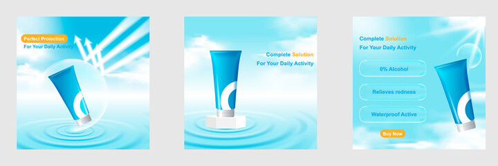 Minimal cosmetic social media square post template banner blue color with water ripple, bubble shield arrow, pedestal, cloud, sky. For product knowledge, display, price, catalog, tips