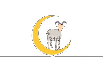 One continuous line drawing of sheep standing on moon. Muslim holiday the sacrifice a sheep, Eid al Adha greeting card concept single line draw design illustration