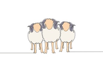 Single continuous line drawing of three sheeps lining up. Muslim holiday the sacrifice an animal to God, Eid al Adha greeting card concept one line draw design illustration