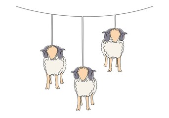 One continuous line drawing of sheeps hanging on rope like the lantern lamps. Muslim holiday the sacrifice an animal, Eid al Adha greeting card concept single line draw design illustration