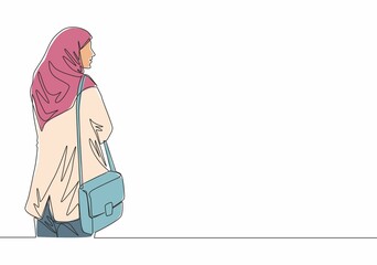 Single continuous line drawing of young cute muslimah on traditional arabic cloth with pocket bag. Beautiful Asian woman model in trendy hijab fashion concept one line draw design vector illustration