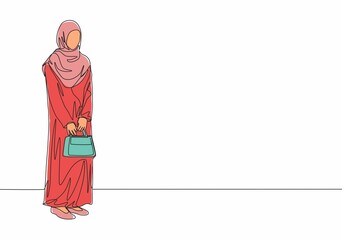 One continuous line drawing of young attractive muslimah with traditional Arab cloth holding bag. Beauty Asian woman model in trendy hijab fashion concept. Single line draw design vector illustration
