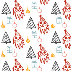 Vector pattern with images of Santa Claus, gifts and Christmas tree decorations. Background, wallpaper. Christmas, New Year. Winter. Holidays. Red, blue, gray, yellow
