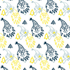 Vector pattern with images of Santa Claus, bells and hearts. Background, wallpaper. Christmas, New Year. Winter. Holidays. Gray, yellow
