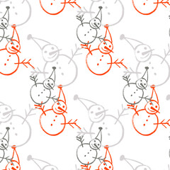 Vector pattern with images of snowmen. Background, wallpaper. Christmas, New Year. Winter. Holidays. Red, gray