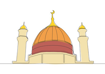 Single continuous line drawing of historical landmark mosque or masjid. Historical construction that use as a place of praying for Islamic person concept one line draw design vector illustration