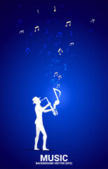 Fototapeta na wymiar Vector silhouette of saxophonist with music melody note dancing flow . Concept background for jazz music concert and recreation.