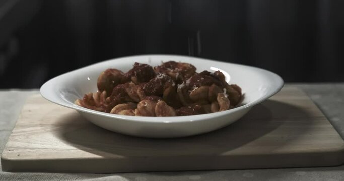 The first course of orecchiette with sauce, a typical Apulian dish. Typical Italian cuisine