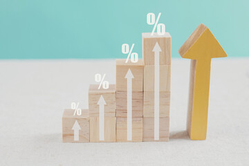 percentages and arrows up on wooden blocks ladder, growth and success business, inflation concept - obrazy, fototapety, plakaty