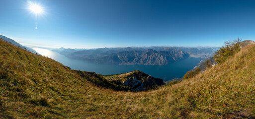 View of the Lake Garda from Monte Baldo, Italy.Panorama of the gorgeous Garda lake surrounded by...