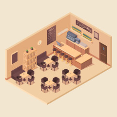 cartoon isometric cafe interior, vector illustration