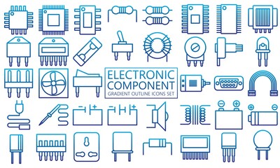 Fototapeta na wymiar most used Electronic icons set. chipset symbols, resistors, capacitors, transformers, diodes, batteries. Used for modern concepts, web, UI or UX kit and applications, EPS 10 ready convert to SVG
