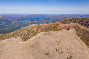 Aerial view of the footpath to the summit of Ben Nevis with several sea Lochs in the background