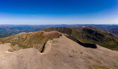 Panoramic aerial view of the summit of Ben Nevis - the tallest mountain in Scotland and the UK
