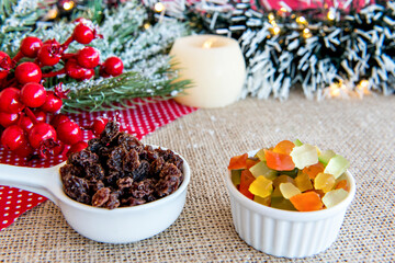 Candied fruit and raisins on a Christmas table