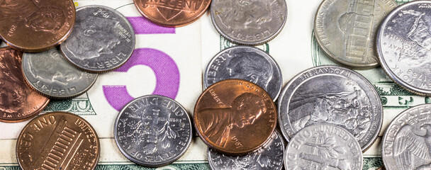 Background with banknote and dollar coins.
