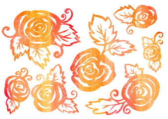 Watercolor artistic multicolor Set of floral Rose elements in the style of line art wedding theme on a white background. Doodle and scribble. orange and red Roses and leafs for postcard and