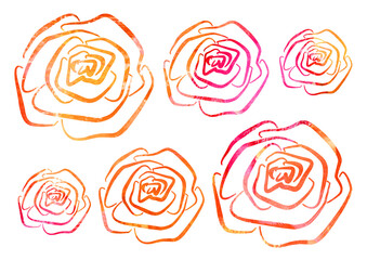 Artistic multicolor floral Rose element in the style of line art wedding theme on a white background. Doodle and scribble. Set pink, red and orange Roses bud for postcard and scrapbooking paper