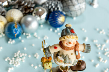 Christmas balls and snowman on blue background