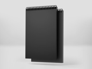 Black Spiral notebook mockup, Dark blank workbook notepad template, 3d rendering isolated on light background