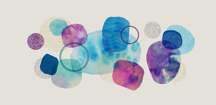 Modern abstract background, blue gold green purple and pink watercolor blobs and blotches with speckled spatter dots and spots in black and gold art pattern in mid century circles style design