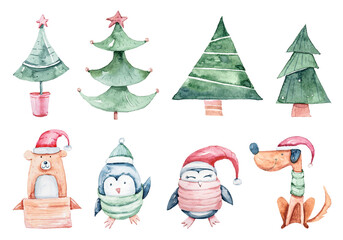 Watercolor Christmas and New Year hand painted clipart, set of individual elements on white background. Winter holiday illustrations: Santa Claus, Christmas tree, penguins, dogs. Perfect for stickers
